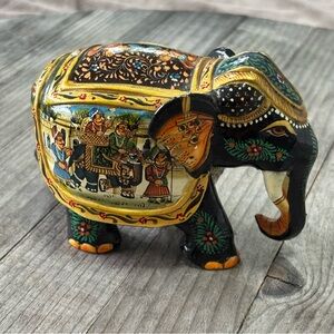 Vintage Hand Painted Elephant Statue Indian Artisan Carved & Intricately Made